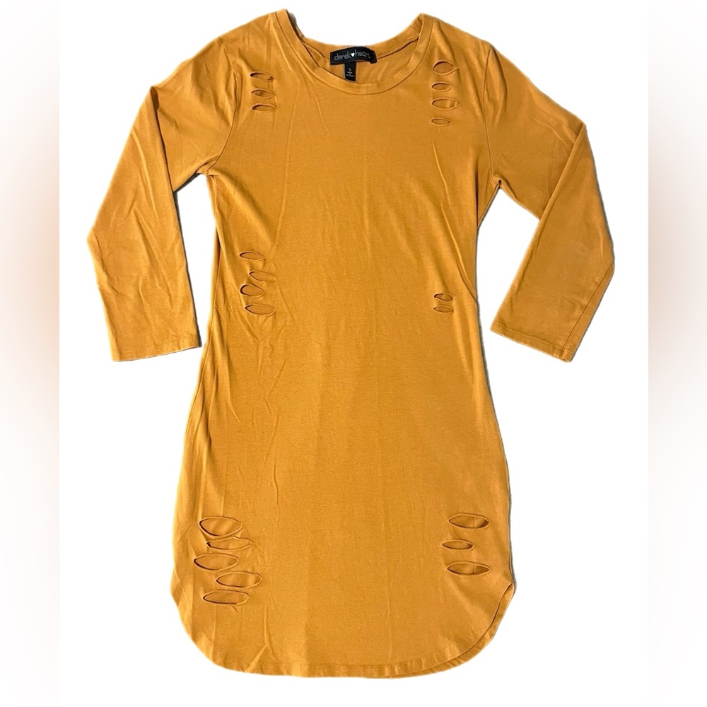 🧡 Derek Heart Bodycon Dress~Women’s Sm~Golden Orange~Ripped Details~Curved Hem - Picture 1 of 8